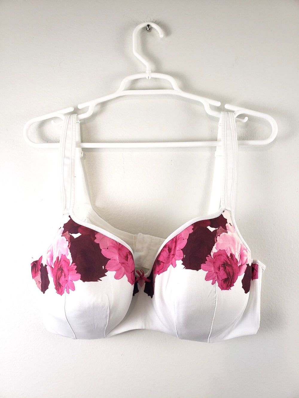 Cacique Lightly Lined Smooth Balconette Bra White Pink Roses Size 40DD